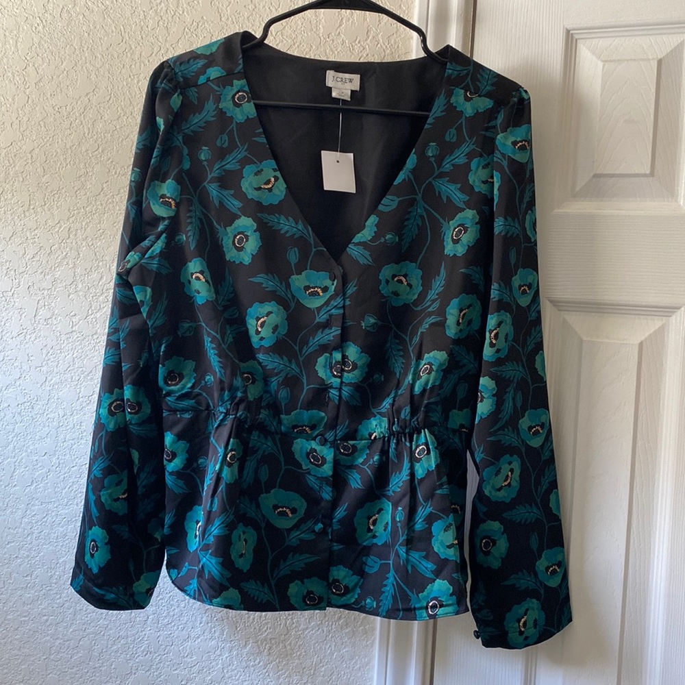 J crew Peplum Floral Black and Green Top